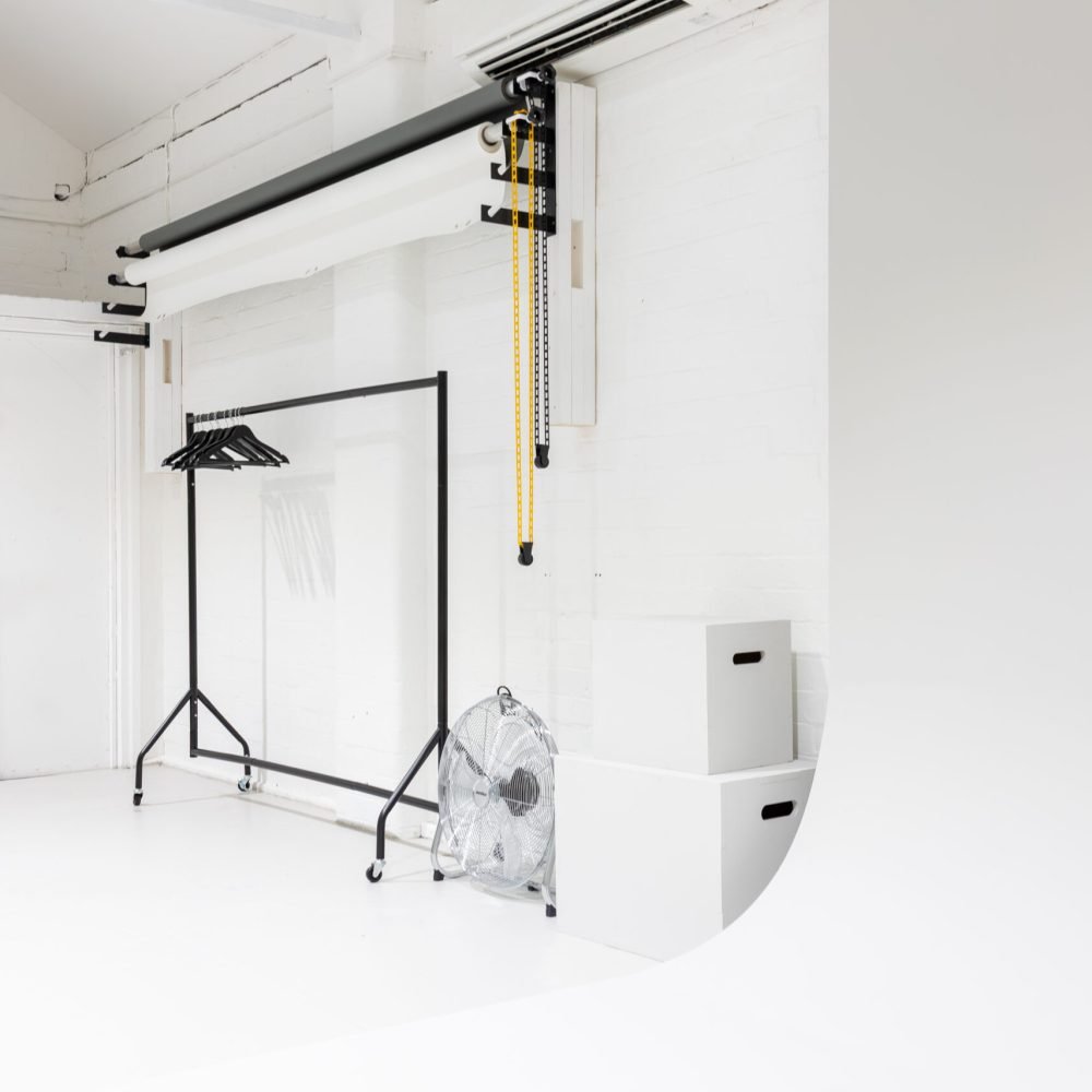 Workshop Photo Studio - Cloth Rack and Wall Mount Backdrop.