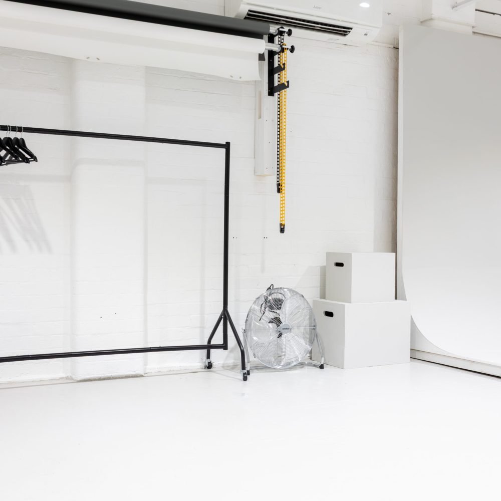 Workshop Photo Studio - Clothing Rack, Fan and Posing Blocks.